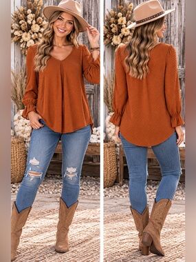 Women's Textured V-Neck Long Sleeve Top in Rust